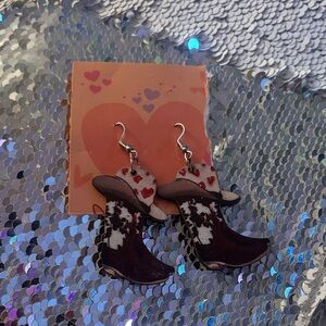 Cowgirl Boot Earrings with Heart Accents - Brown & Cream